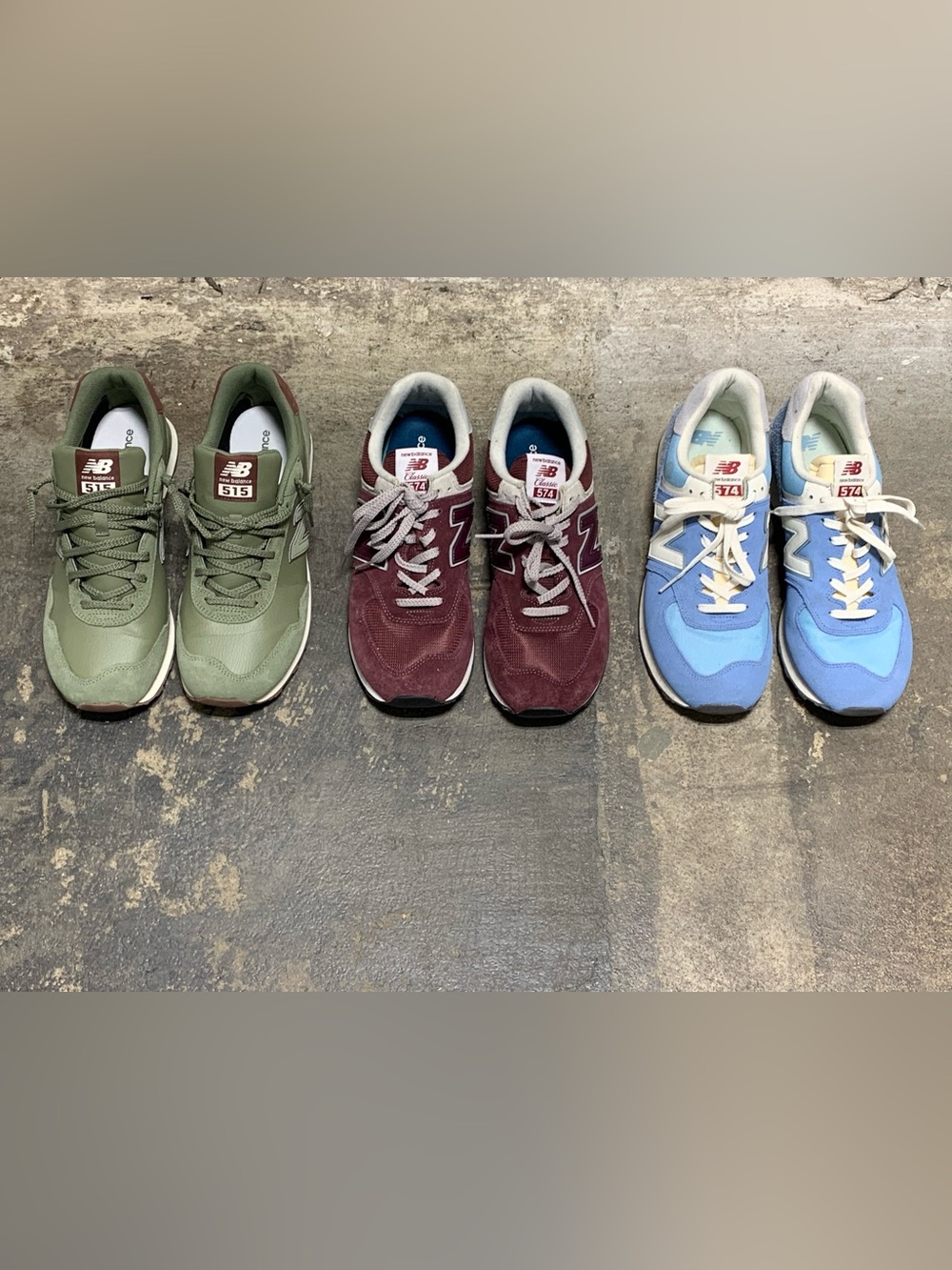 New Balance Sneakers Men’s 11.5 574 Blue Laguna + Classic Burgundy + 515 Olive